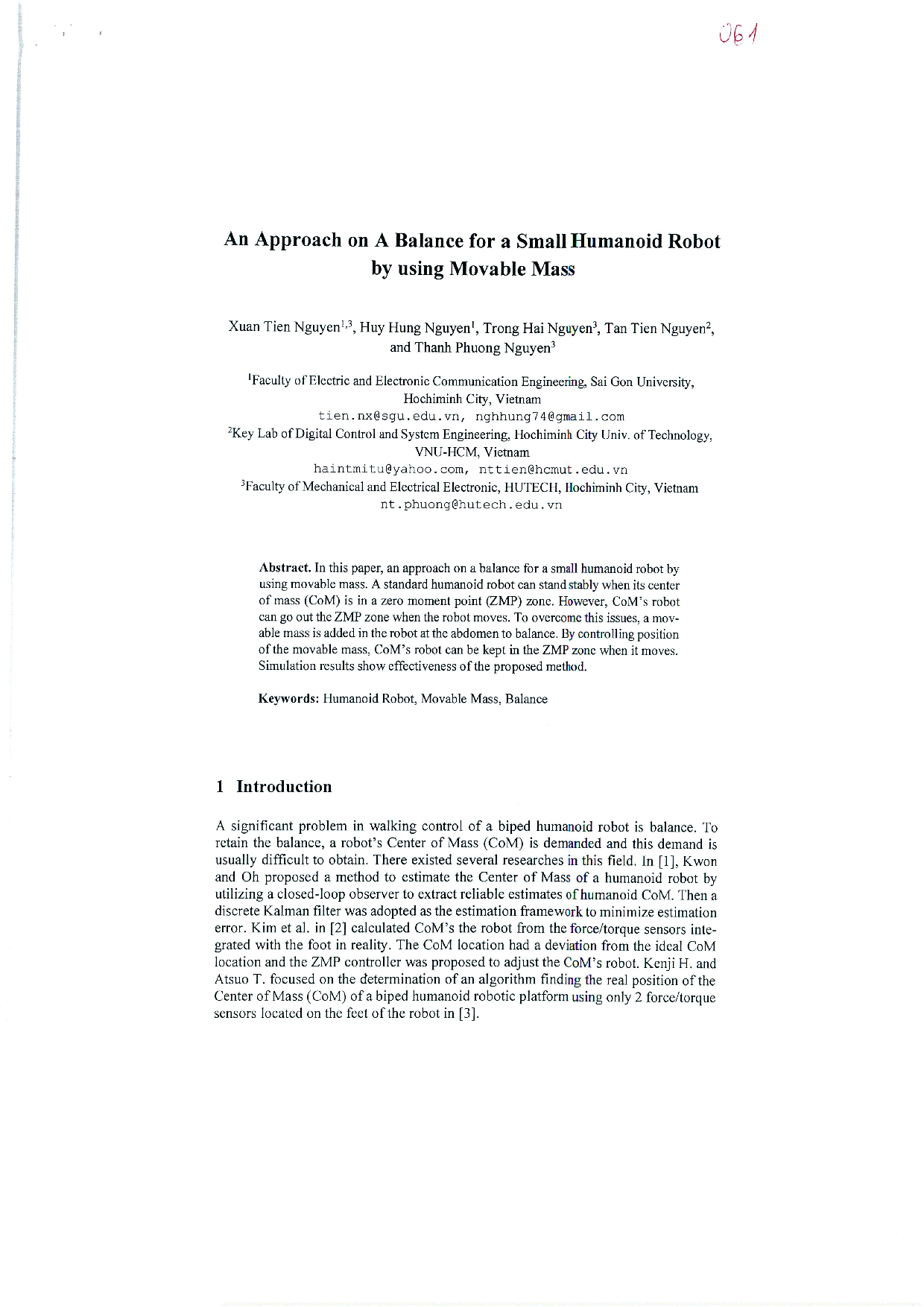 An approach on a balance for a small humanoid robot by using movable mass  