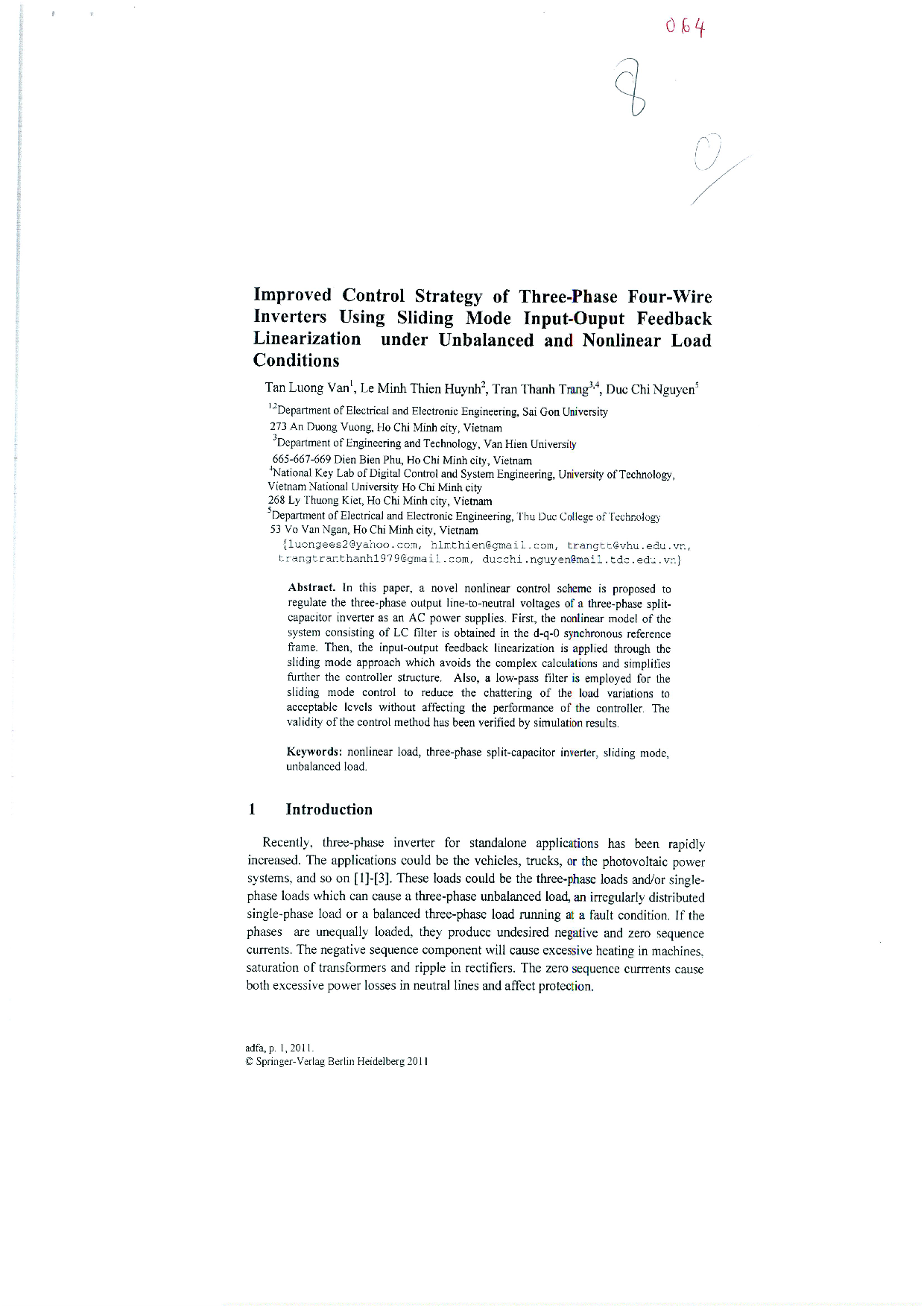 Improved control strategy of three-phase four-wire inverters using sliding modei nput-ouput feedback linearization under unbalanced and nonlinear load conditions  