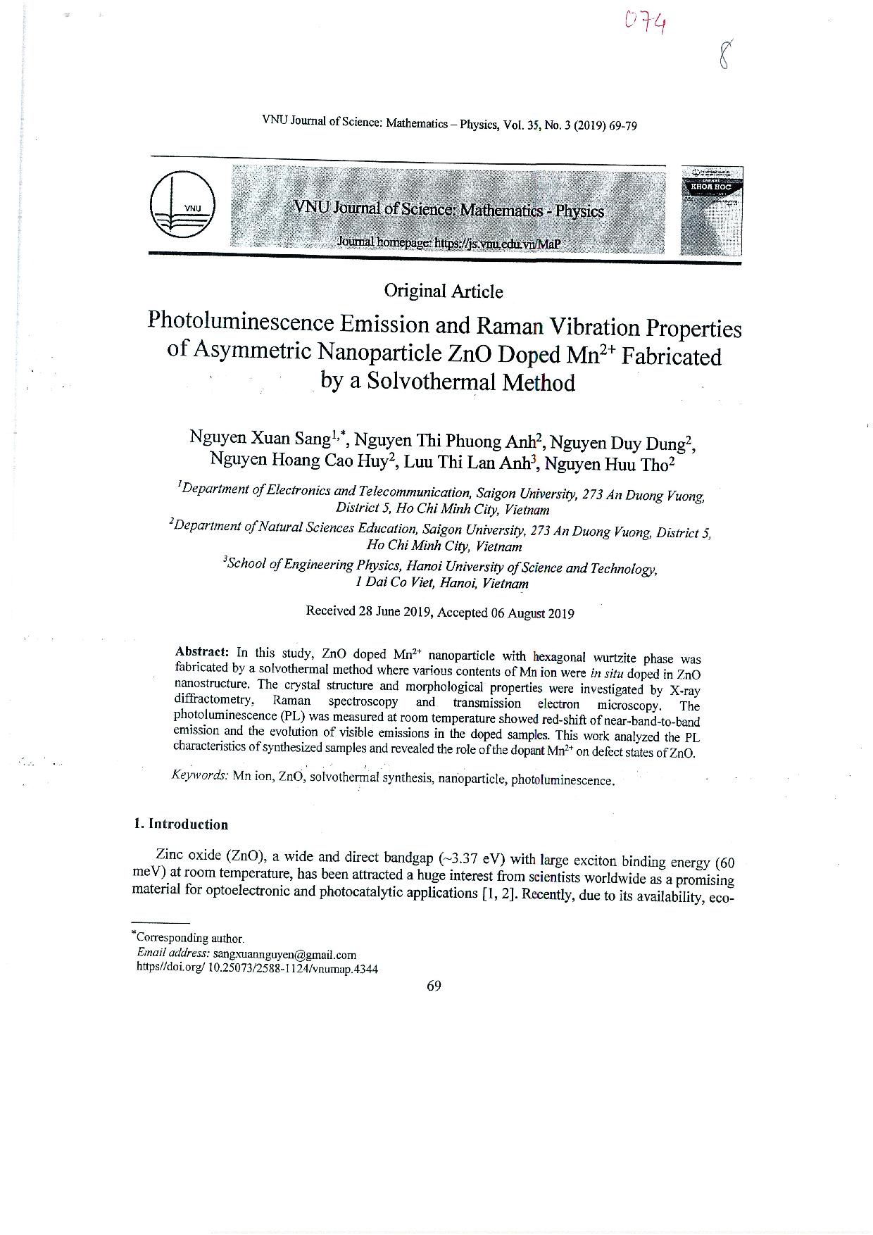 Photoluminescence emission and raman vibration properties of asymmetric nanoparticle ZnO doped Mn2+ fabricated by a solvothermal method Vol.35 