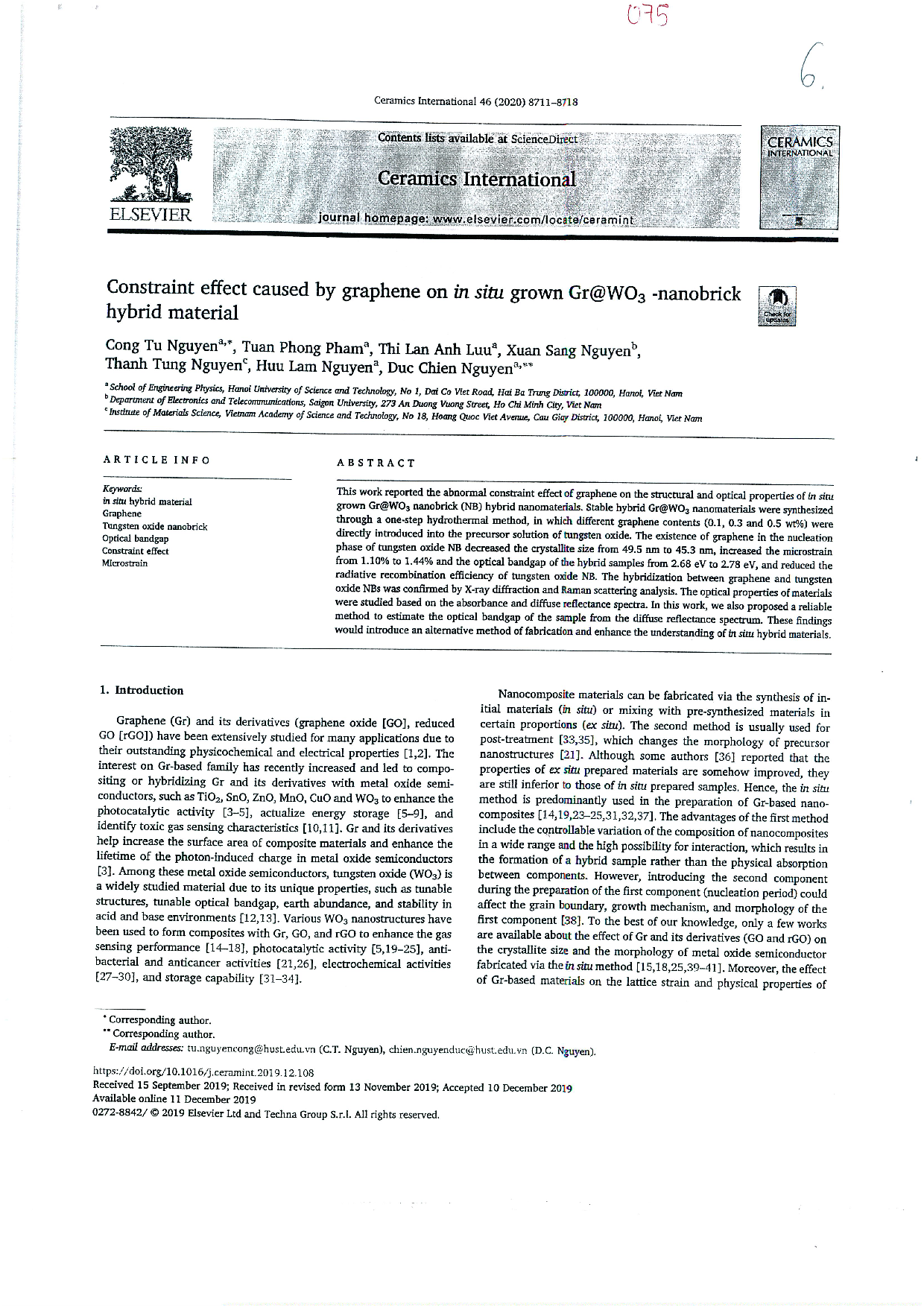 Constraint effect caused by graphene on in situ grown Gr@WO3 - nanobrick hybrid material  