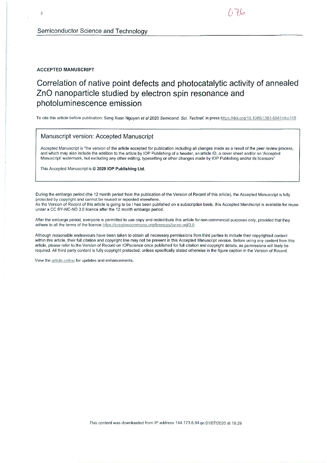 Correlation of native point defects and photocatalytic activity of annealed ZnO nanoparticle studied by electron spin resonance and photoluminescence emission Vol.35 