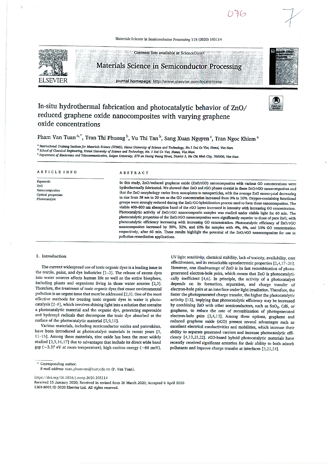 In-situ hydrothermal fabrication and photocatalytic behavior of ZnO/ reduced graphene oxide nanocomposites with varying graphene oxide concentrations  