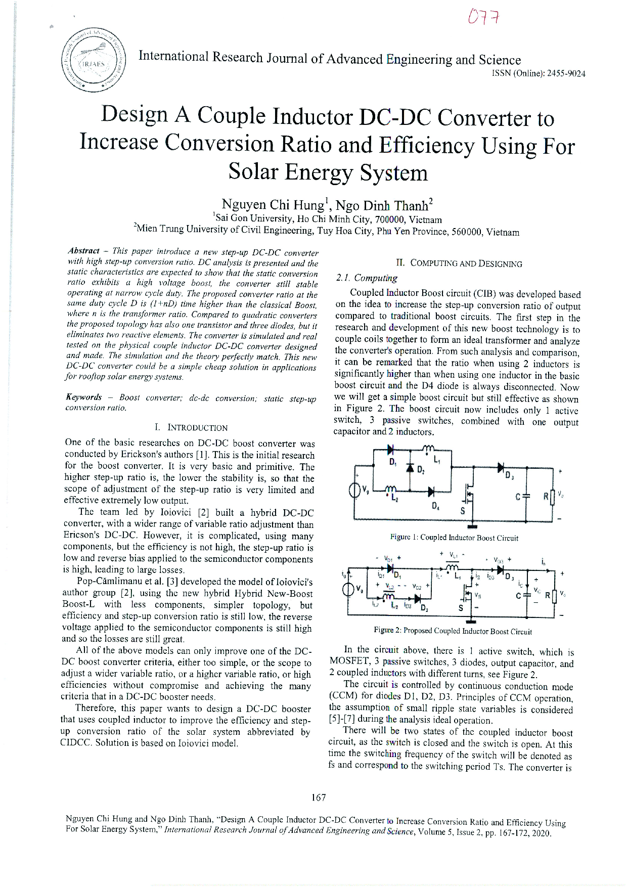 Design a couple inductor DC-DC converter to increase conversion ratio and efficiency using for solar energy system Vol. 5 