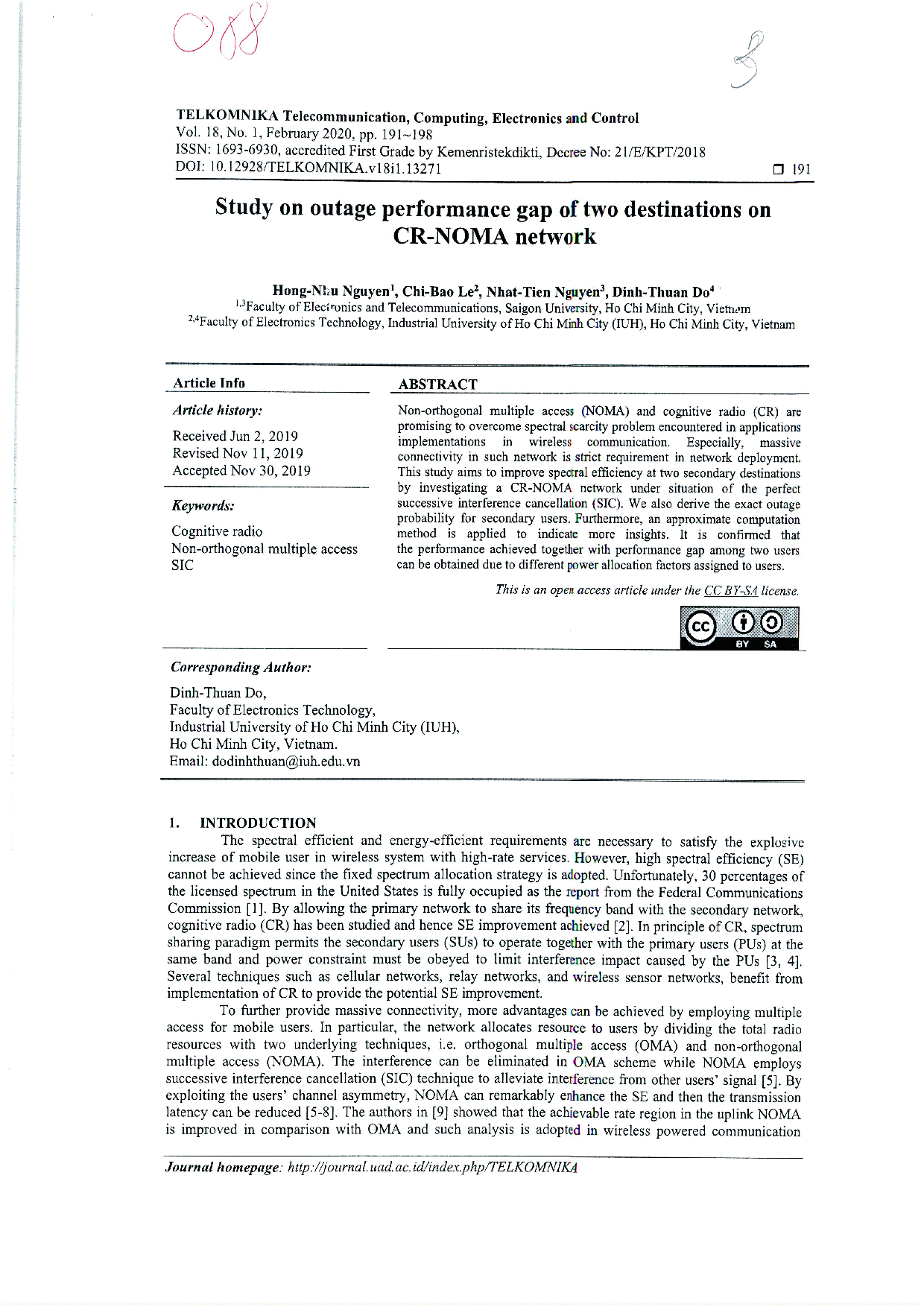 Study on outage performance gap of two destinations on CR-NOMA network Vol. 18 