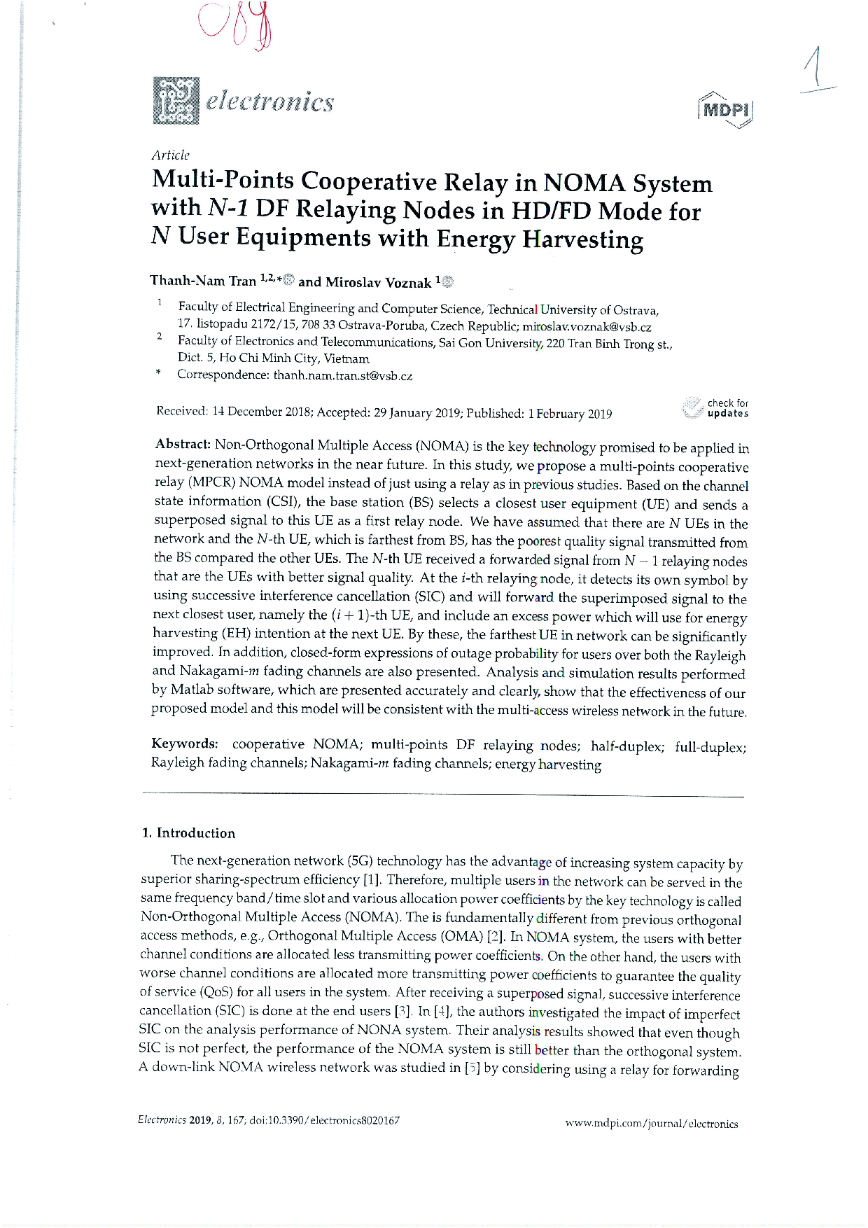 Multi-points cooperative relay in NOMA system with N-1 DF relaying nodes in HD/FD mode for N user equipments with energy harvesting  