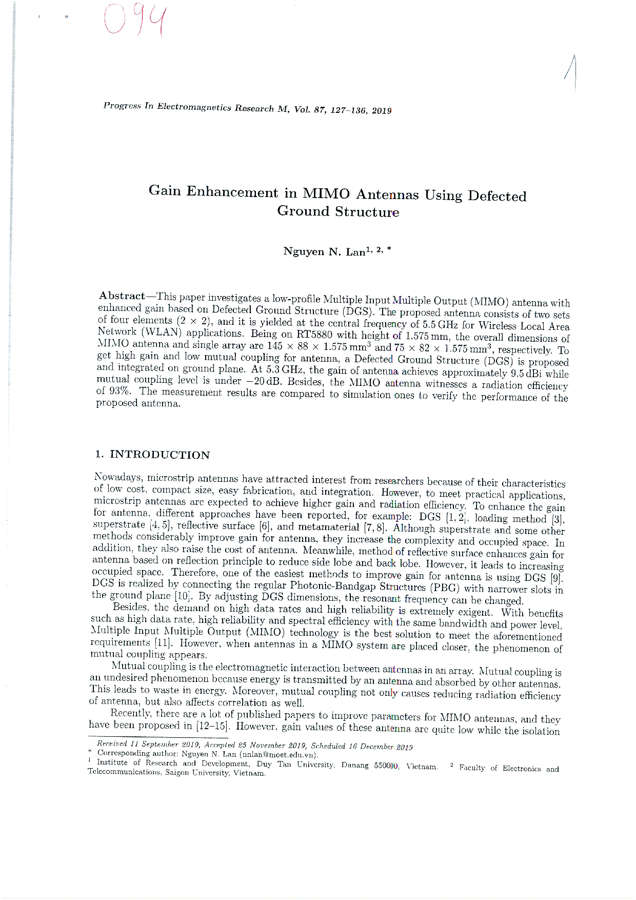 Gain enhancement in MIMO antennas using defected ground structure Vol. 87 