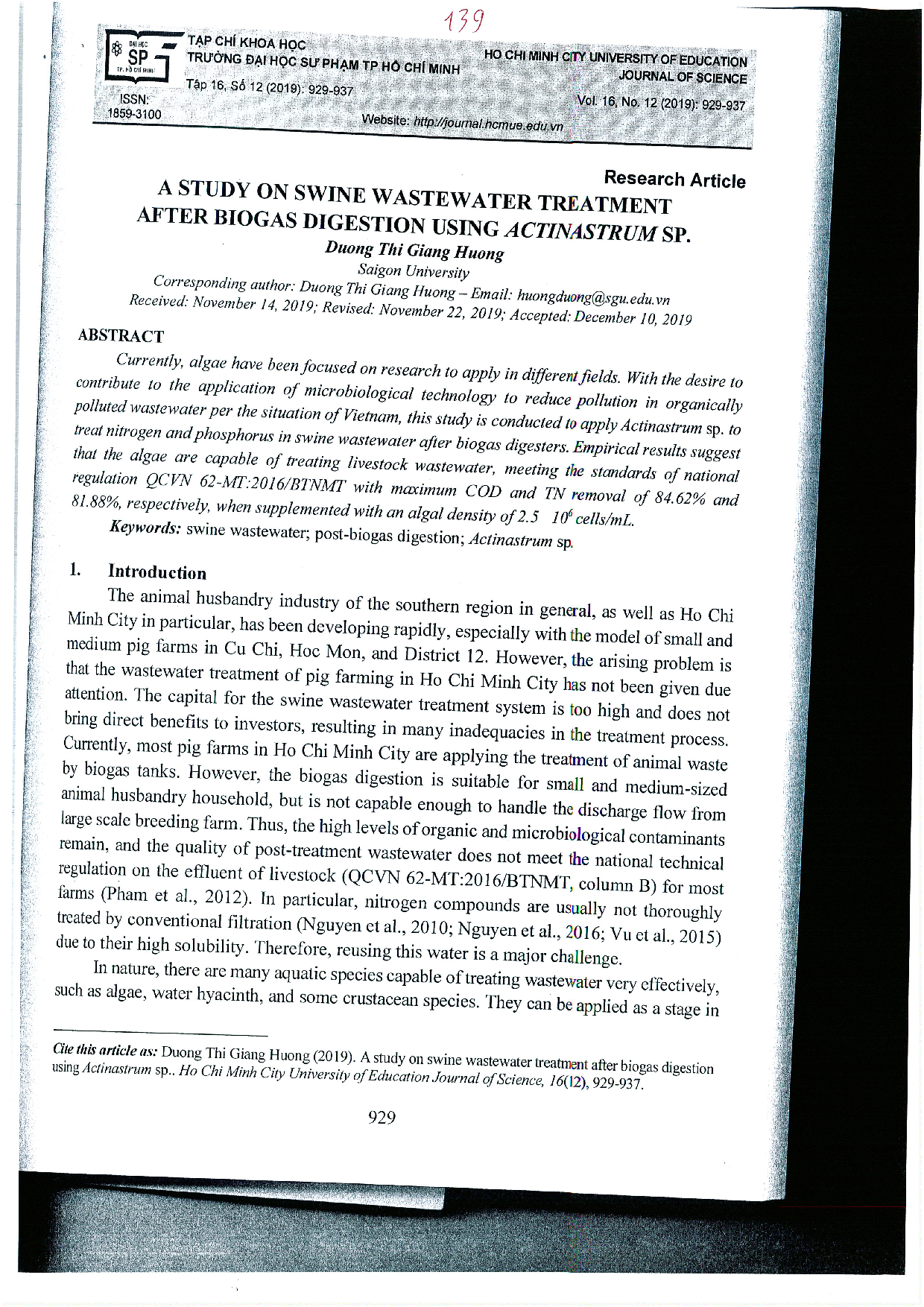 A study on swine wastewater treatment after biogas digestion using actinastrum sp T.16 