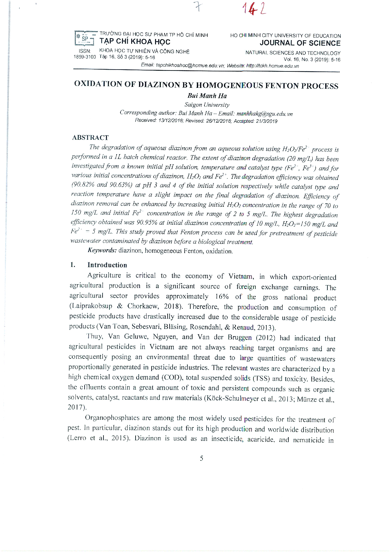 Oxidation of diazinon by homogeneous fenton process Vol.16 