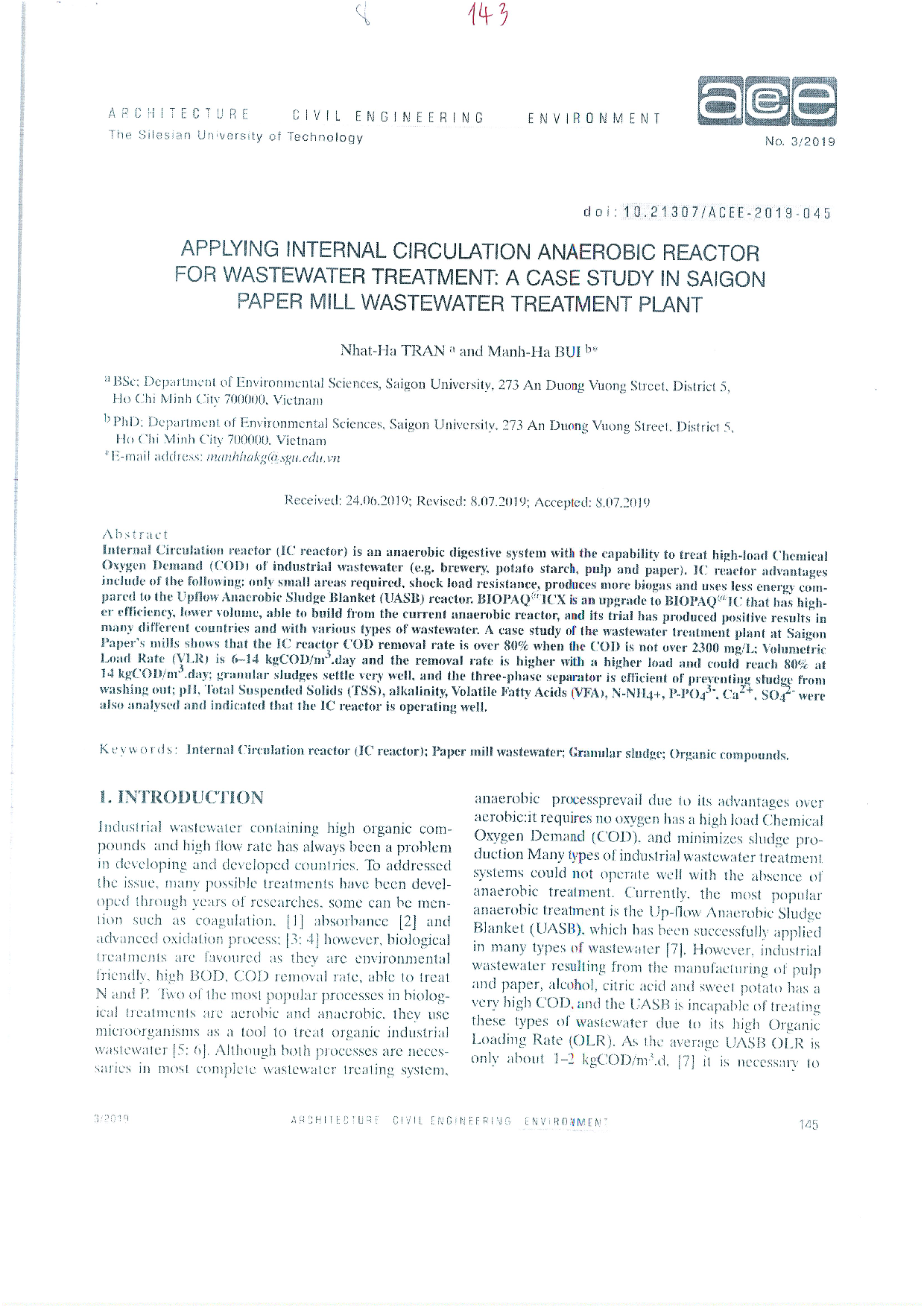 Applying internal circulation anaerobic reactor for wastewater treatment: a case study in Saigon paper mill wastewater treatment plant Vol.12 