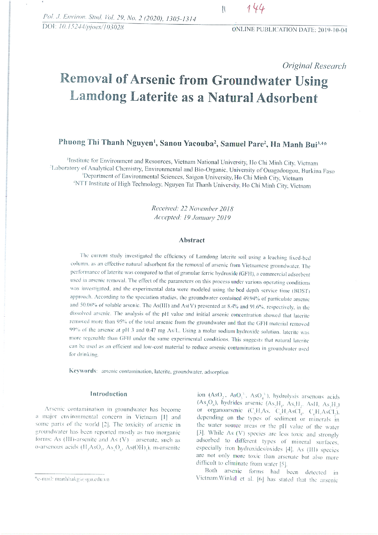 Removal of arsenic from groundwater water using Lamdong laterite as a natural adsorbent T.29 