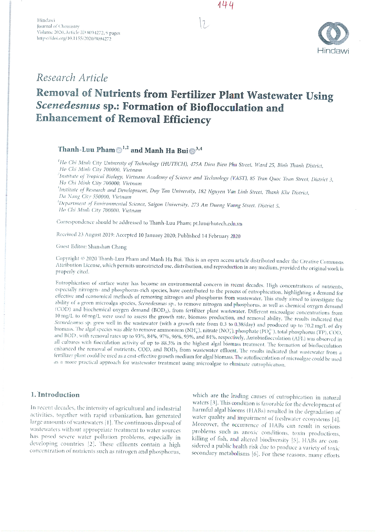 Removal of nutrients from fertilizer plant wastewater using Scenedesmus sp.: formation of flocculation and enhancement of removal efficiency  