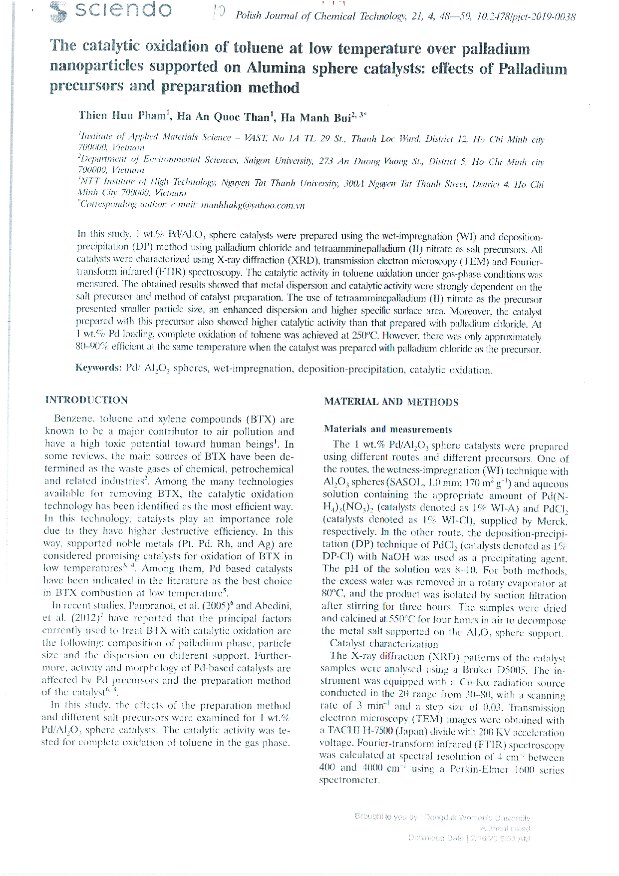 The catalytic oxidation of toluene at low temperature over palladium nanoparticles supported on alumina sphere catalysts: effects of palladium precursors and preparation method T.21 