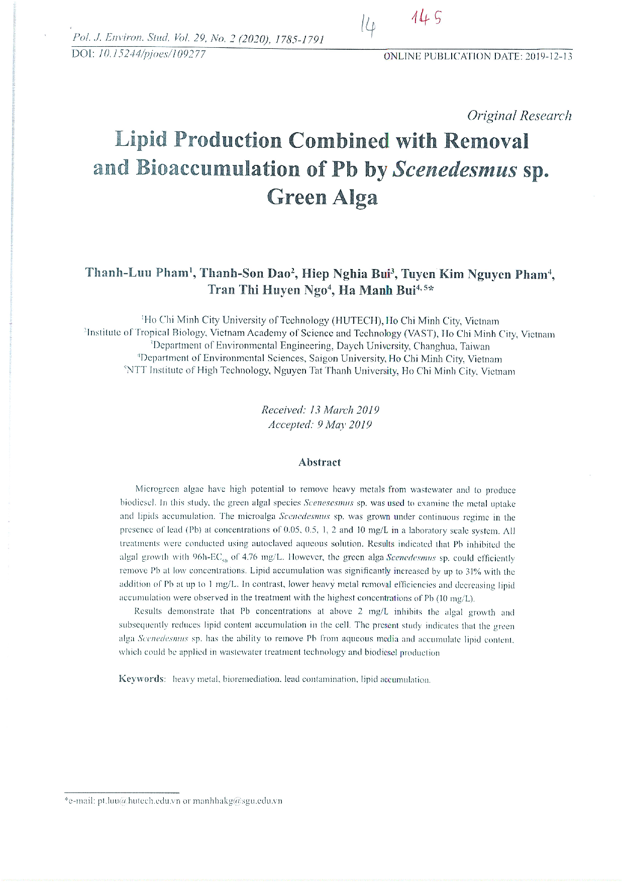 Lipid production combined with removal and bioaccumulation of lead (Pb) by the green alga Scenedesmus sp Vol.29 