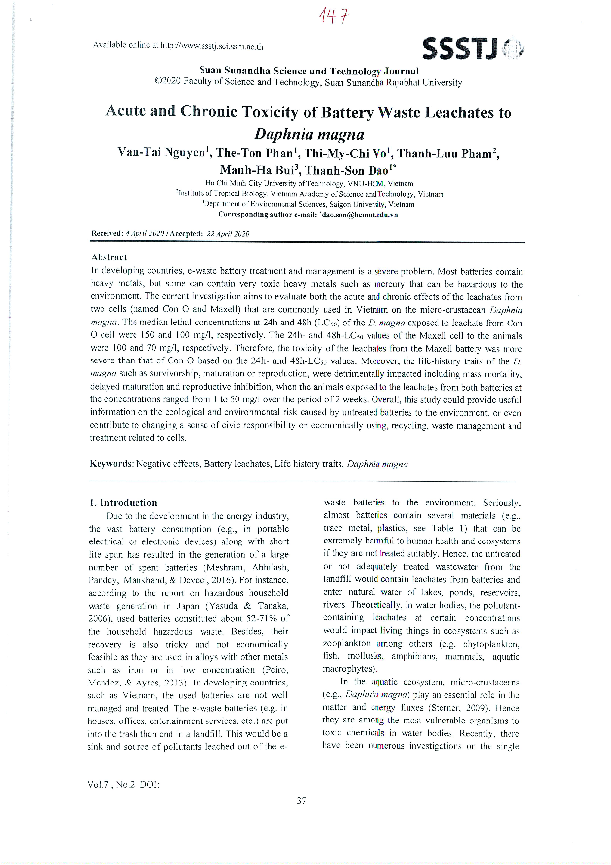 Acute and chronic toxicity of battery waste leachates to daphnia magna Vol.7 