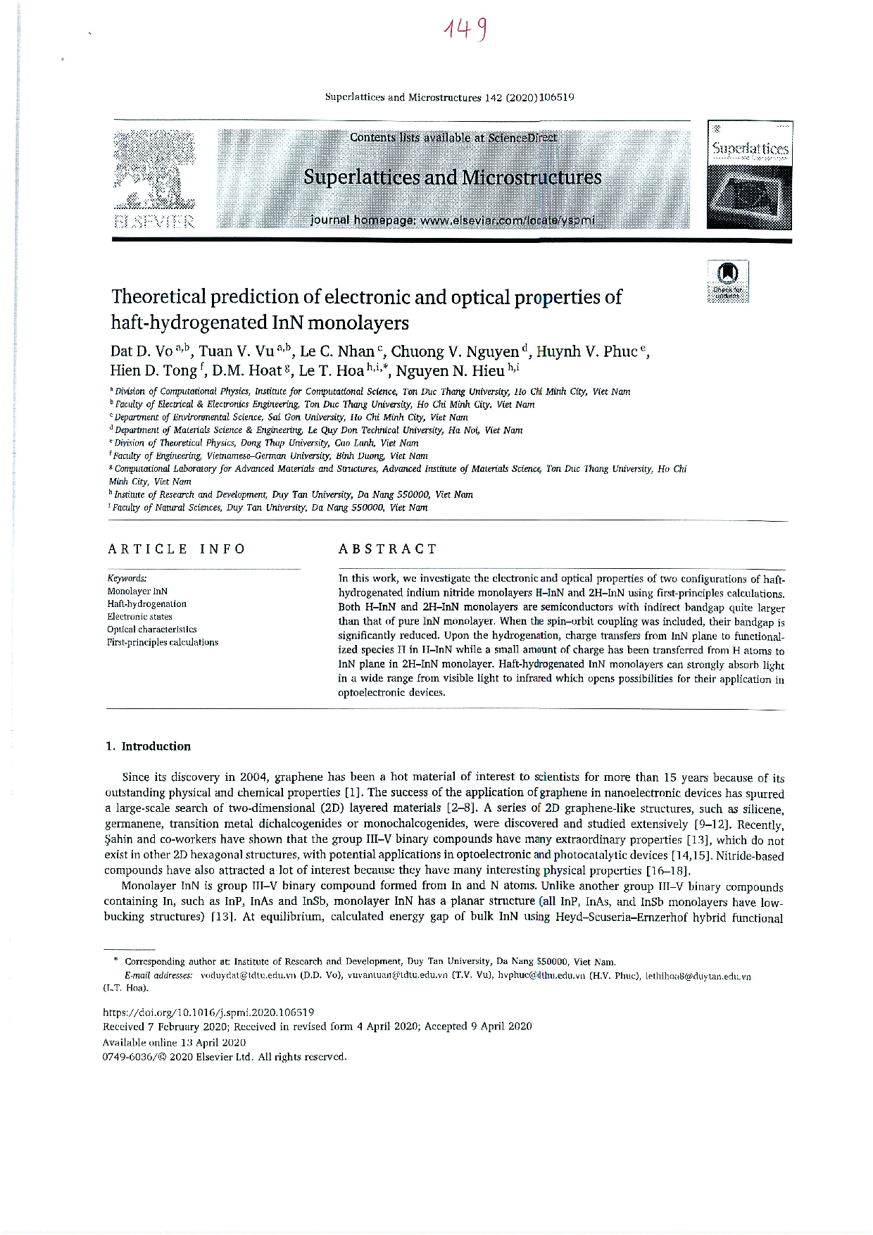 Theoretical prediction of electronic and optical properties of haft-hydrogenated InN monolayers Vol.142 