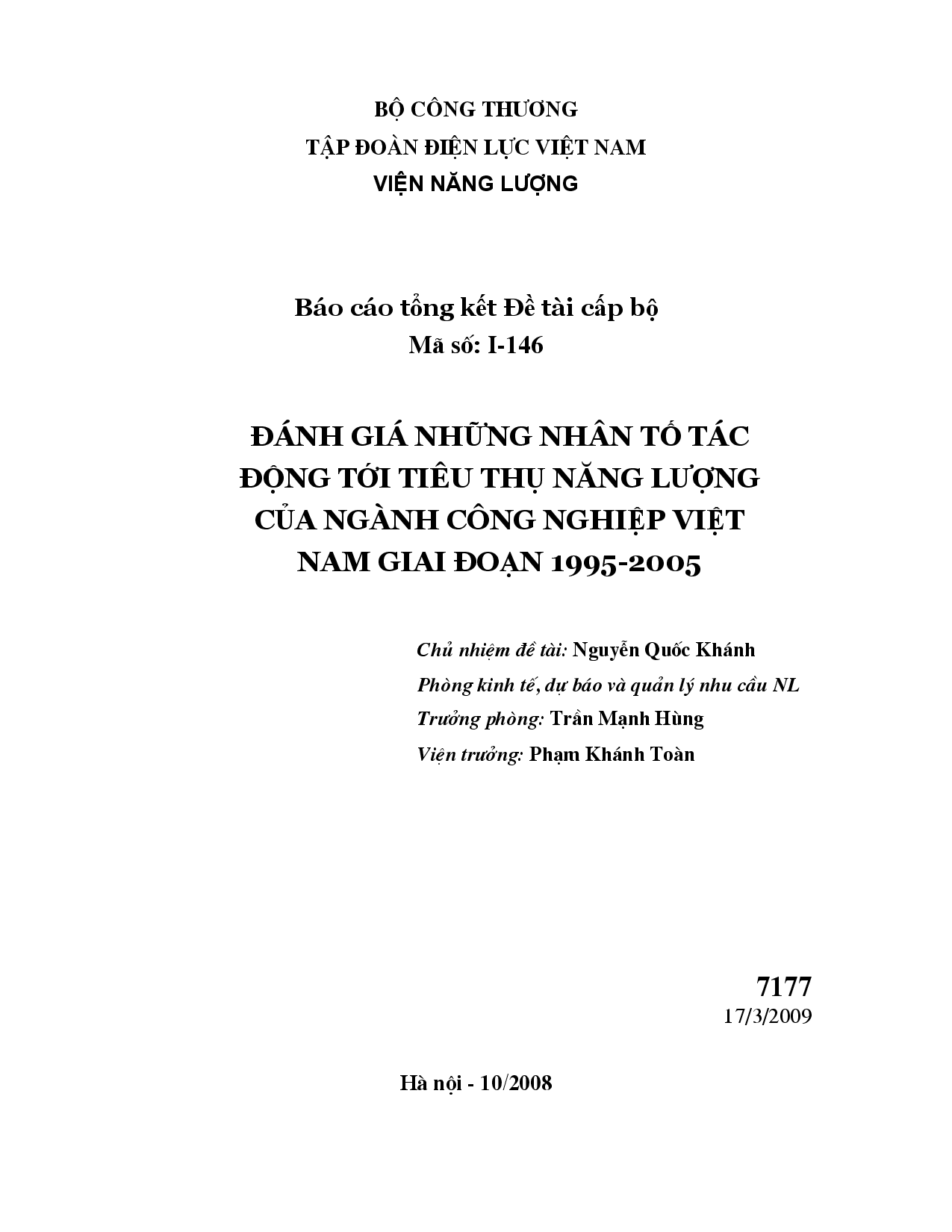 Đánh giá những nhân tố tác động tới tiêu thụ năng lượng của ngành công nghiệp Việt Nam giai đoạn 1995 - 2005  