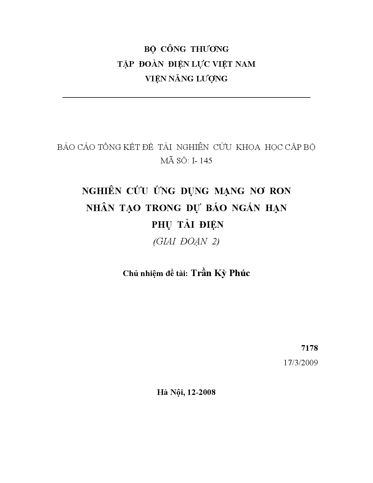 Nghiên cứu ứng dụng mạng nơ ron nhân tạo trong dự báo ngắn hạn phụ tải điện (Giai đoạn 2)  