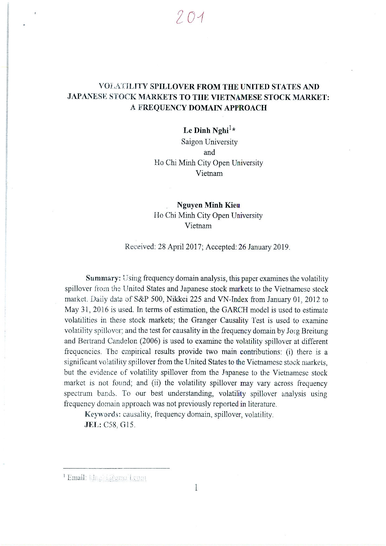 Volatility spillover from the United States and Japanese stock markets to the Vietnamese stock market : A frequency domain approach  