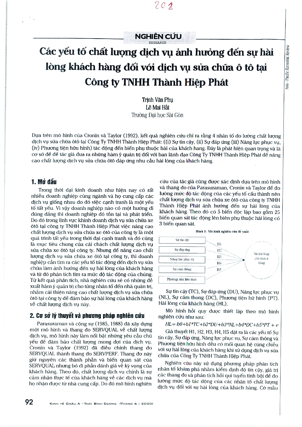 Các yếu tố chất lượng dịch vụ ảnh hưởng đến sự hài lòng đối với dịch vụ sửa chữa ô tô tại công ty TNHH Hiệp Phát  