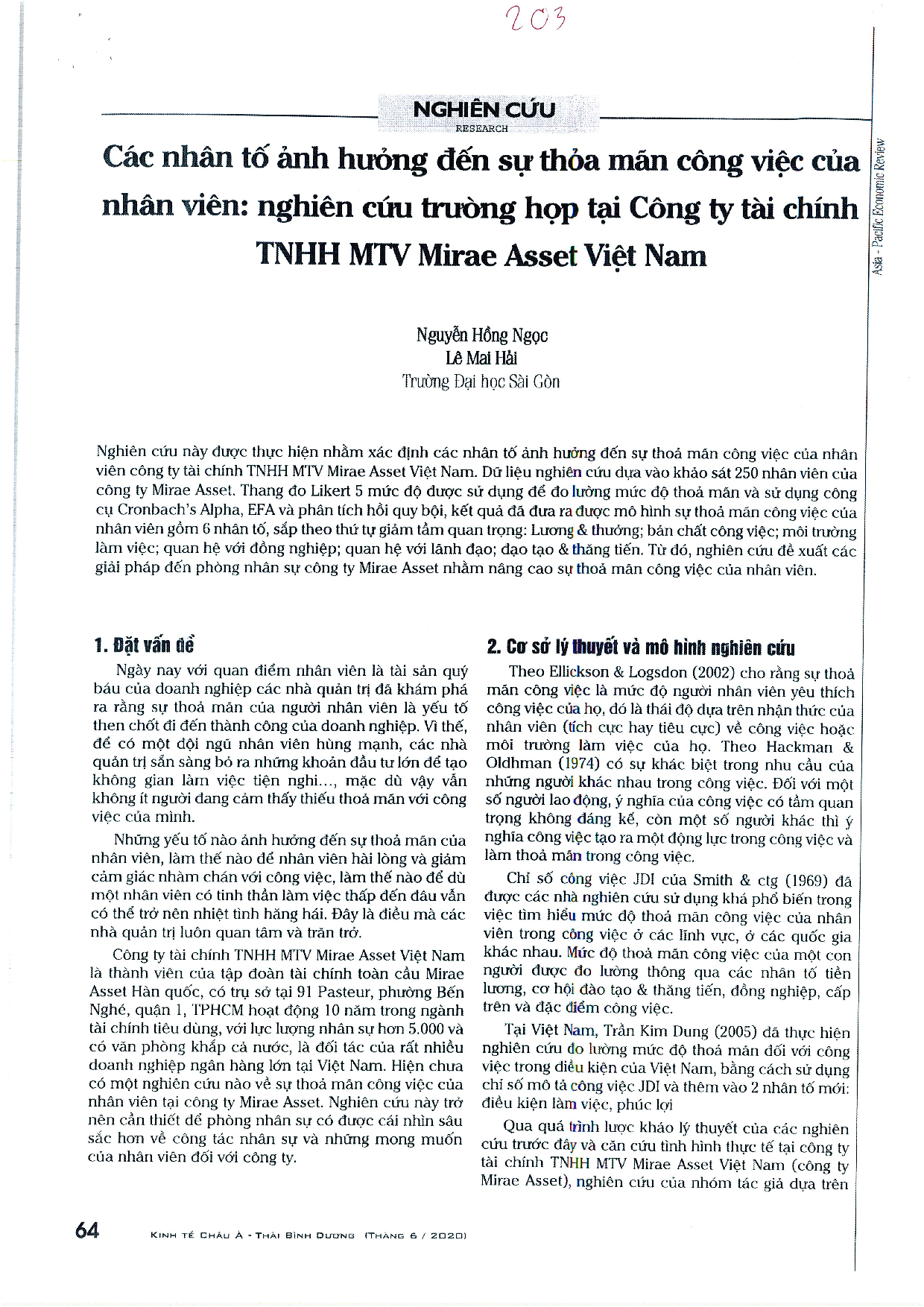 Các nhân tố ảnh hưởng đến sự thỏa mãn công việc của nhân viên : Nghiên cứu trường hợp tại công ty tài chính TNHH Mirae Asset Việt Nam  