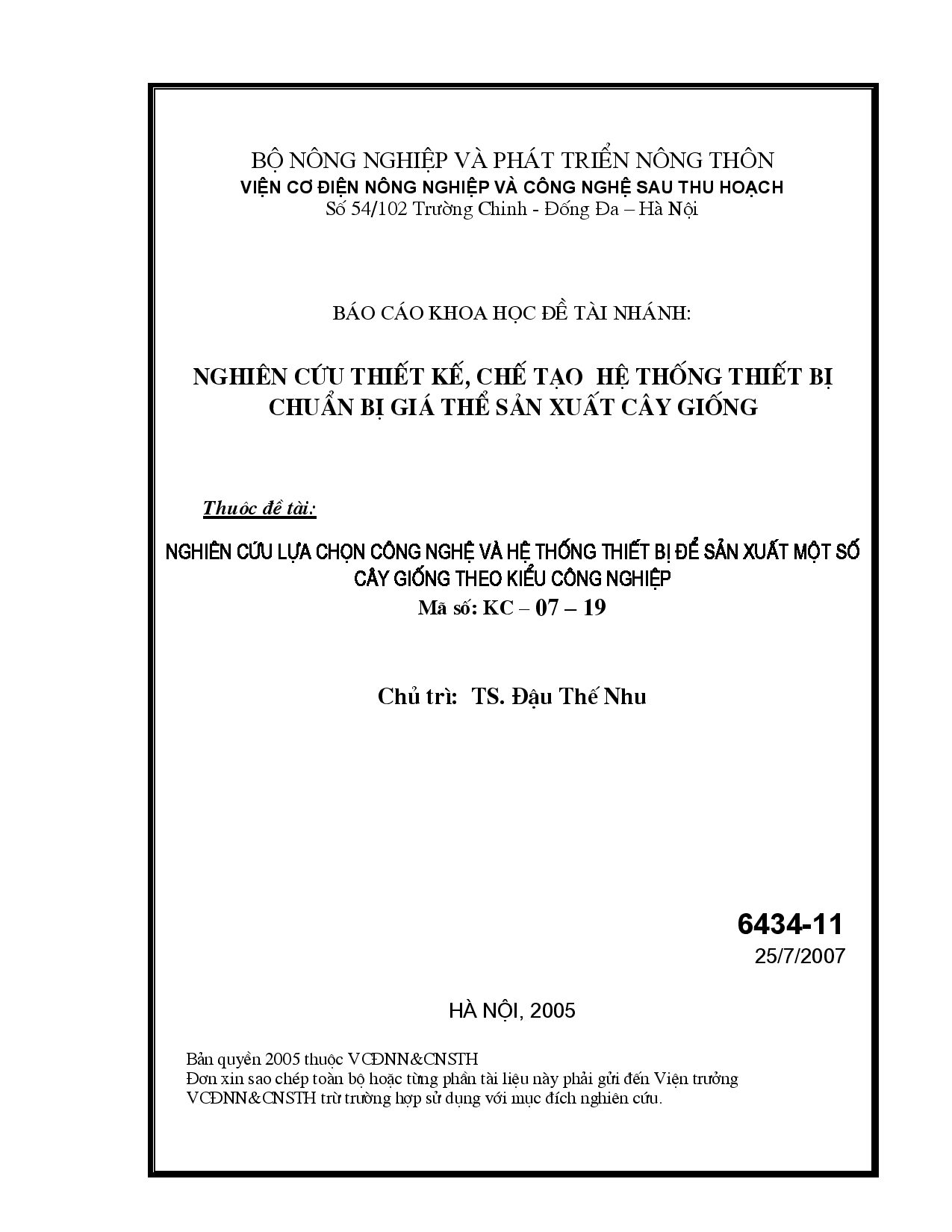 Nghiên cứu thiết kế, chế tạo hệ thống thiết bị chuẩn bị giá thể sản xuất cây giống : Thuộc đề tài : Nghiên cứu lựa chọn công nghệ và hệ thống thiết bị để sản xuất một số cây giống theo kiểu công nghiệp  