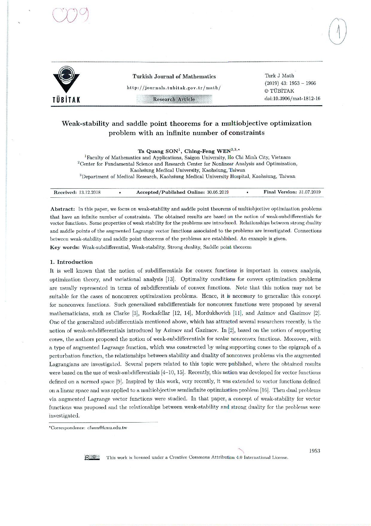 Weak-Stability and Saddle Point Theorems for  a Multiobjective  Optimization Problem with an infinite number of  constraints  