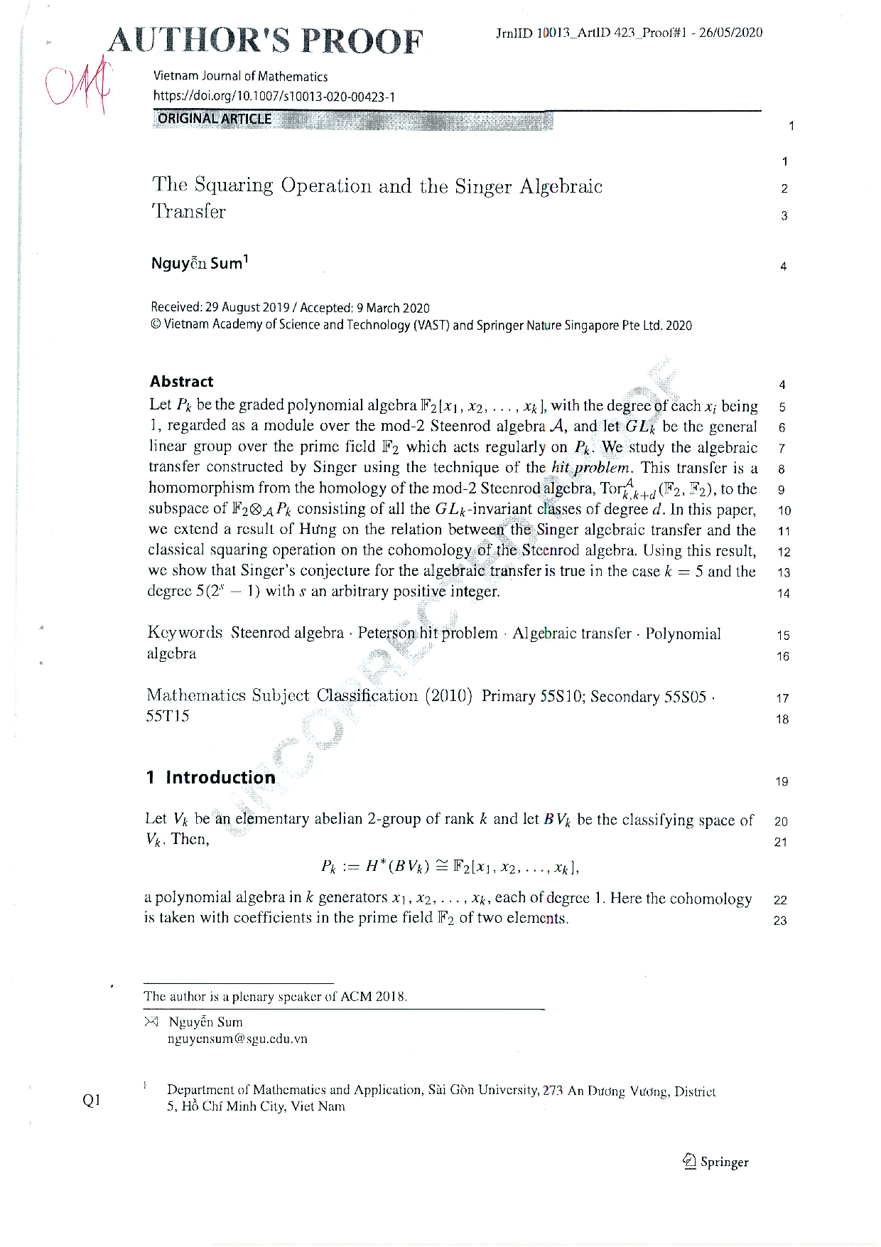 The squaring operation and the Singer algebraic transfer  