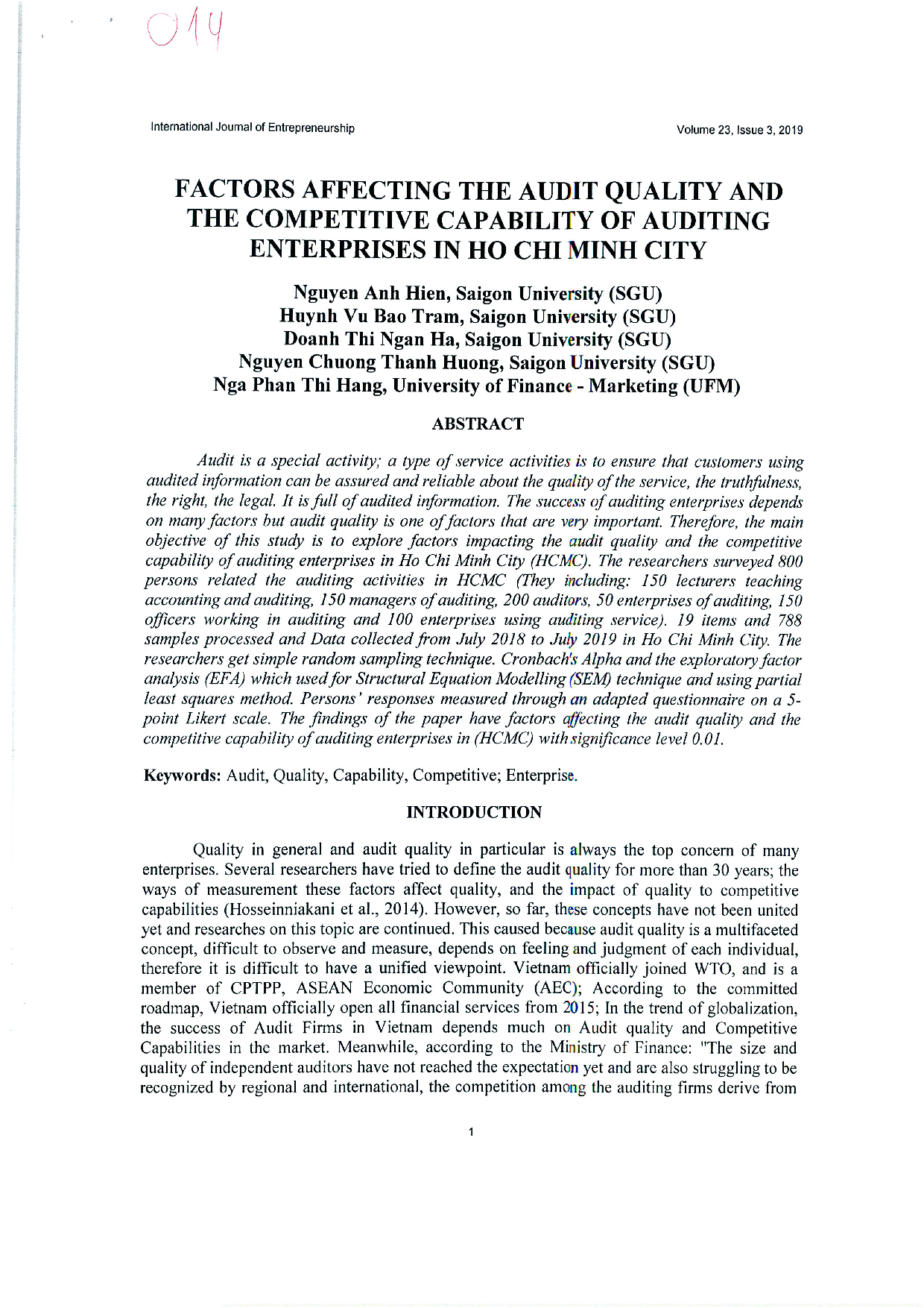 Factors affecting the audit quality and the competitive capability of auditing enterprises in Ho Chi Minh City Vol.23 