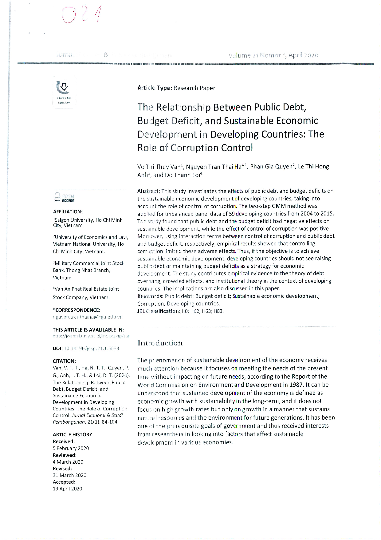 The relationship between public debt, budget deficit and sustainable economic development in developing countries: The role of corruption control Vol.19 