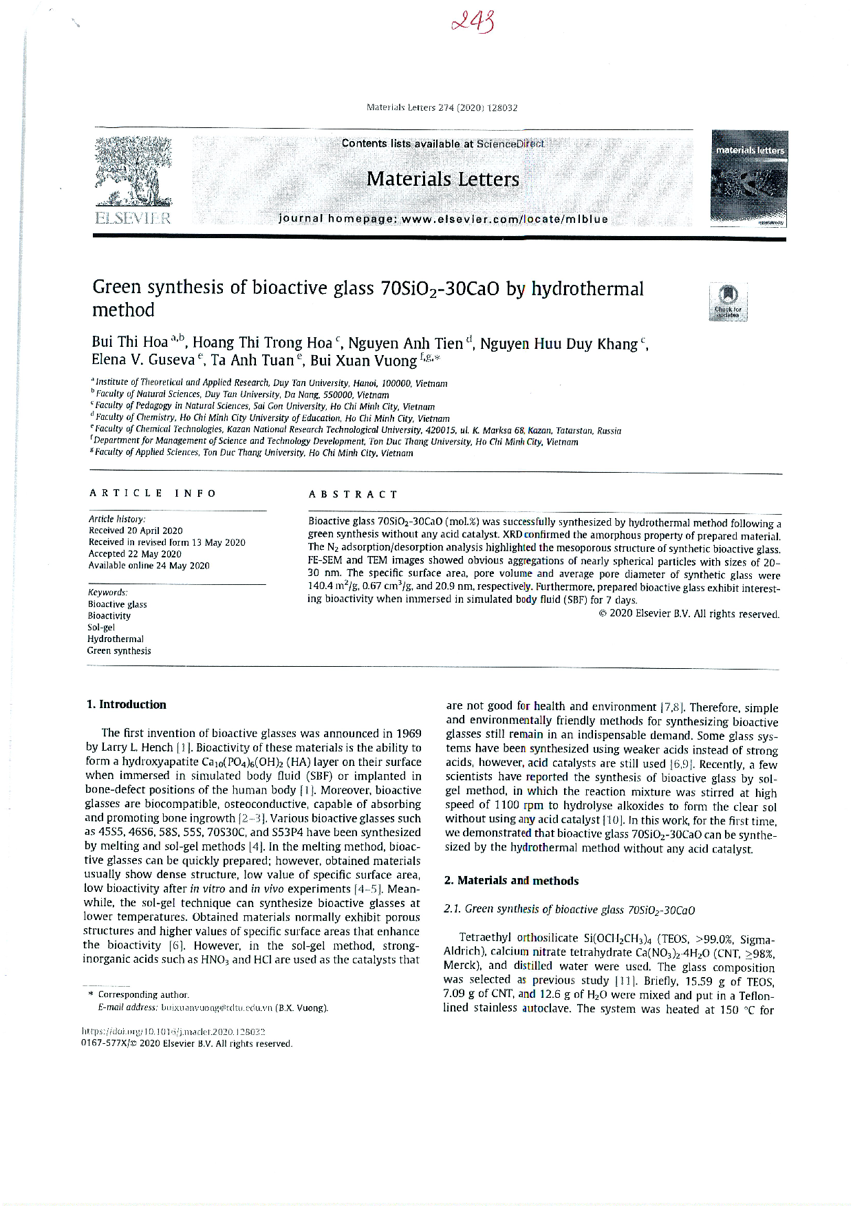 Green synthesis of bioactive glass 70SiO2-30CaO by hydrothermal method Vol.274 