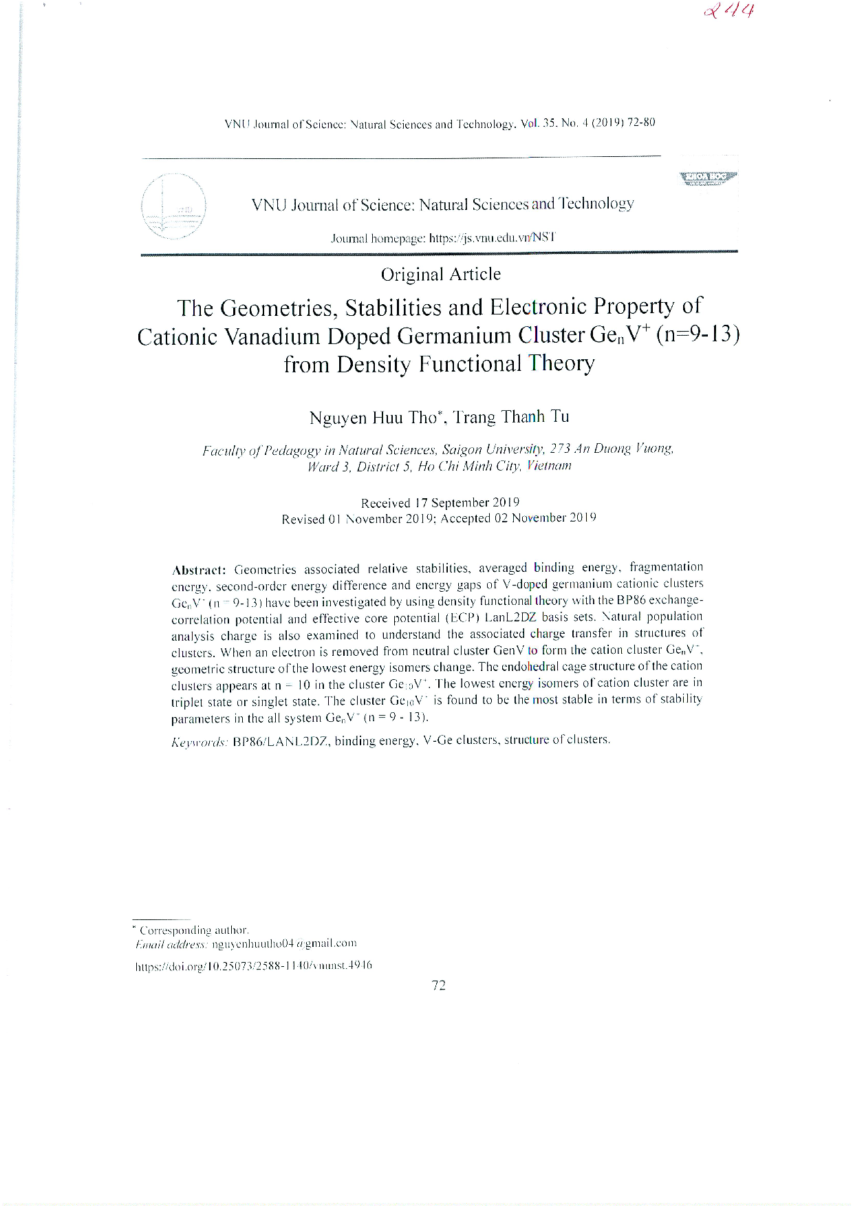 Nghiên cứu cấu trúc, độ bền và tính chất electron của cluster germanium pha tạp Vanadium dạng cation GenV+ (n=9-13) bằng phương pháp phiếm hàm mật độ Vol.35 