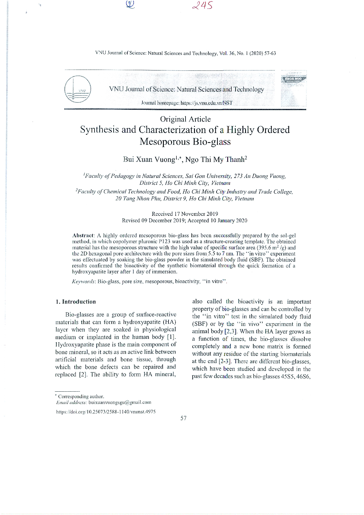 Synthesis and characterization of a highly ordered mesoporous Bio-glass Vol.36 