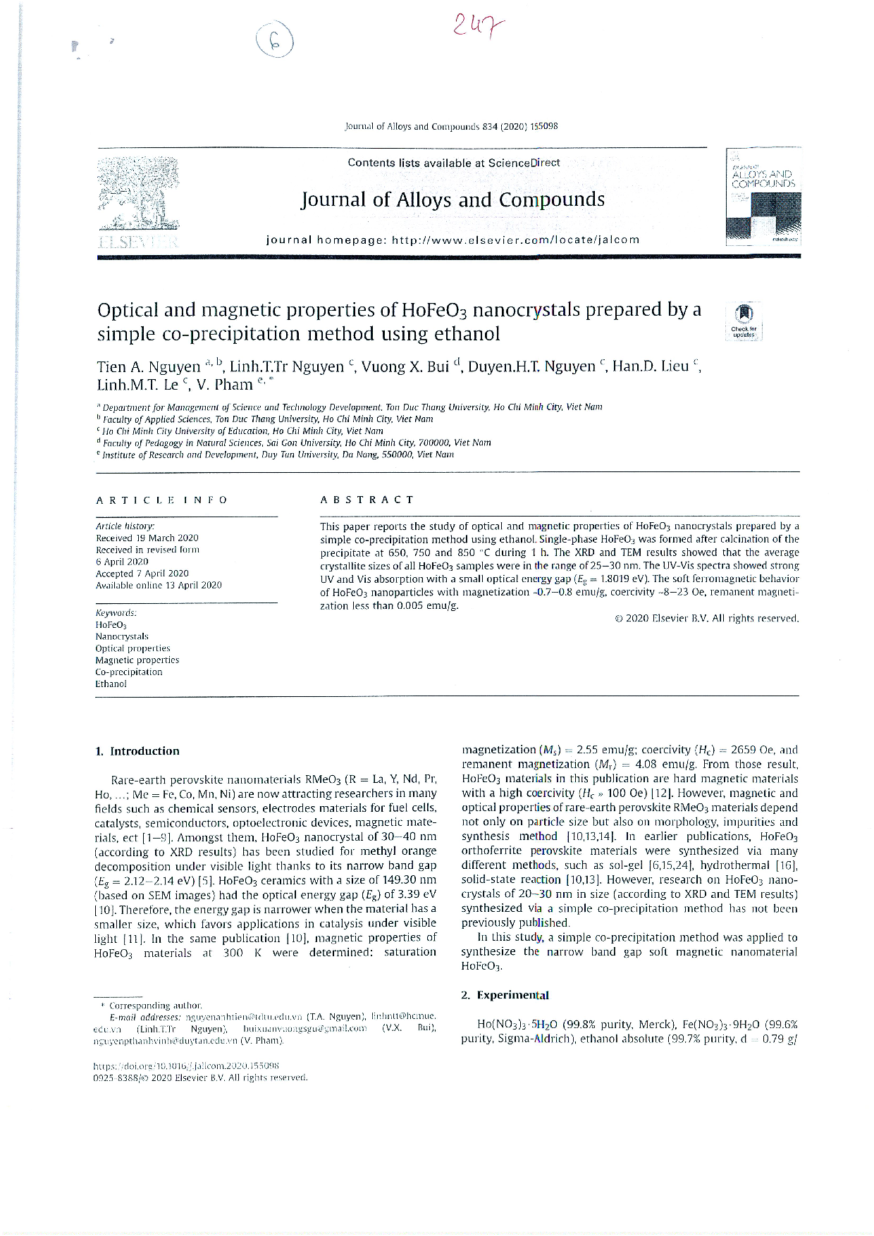 Optical and magnetic properties of HoFeO3 nanocrystals prepared by a simple co-precipitation method using ethanol  