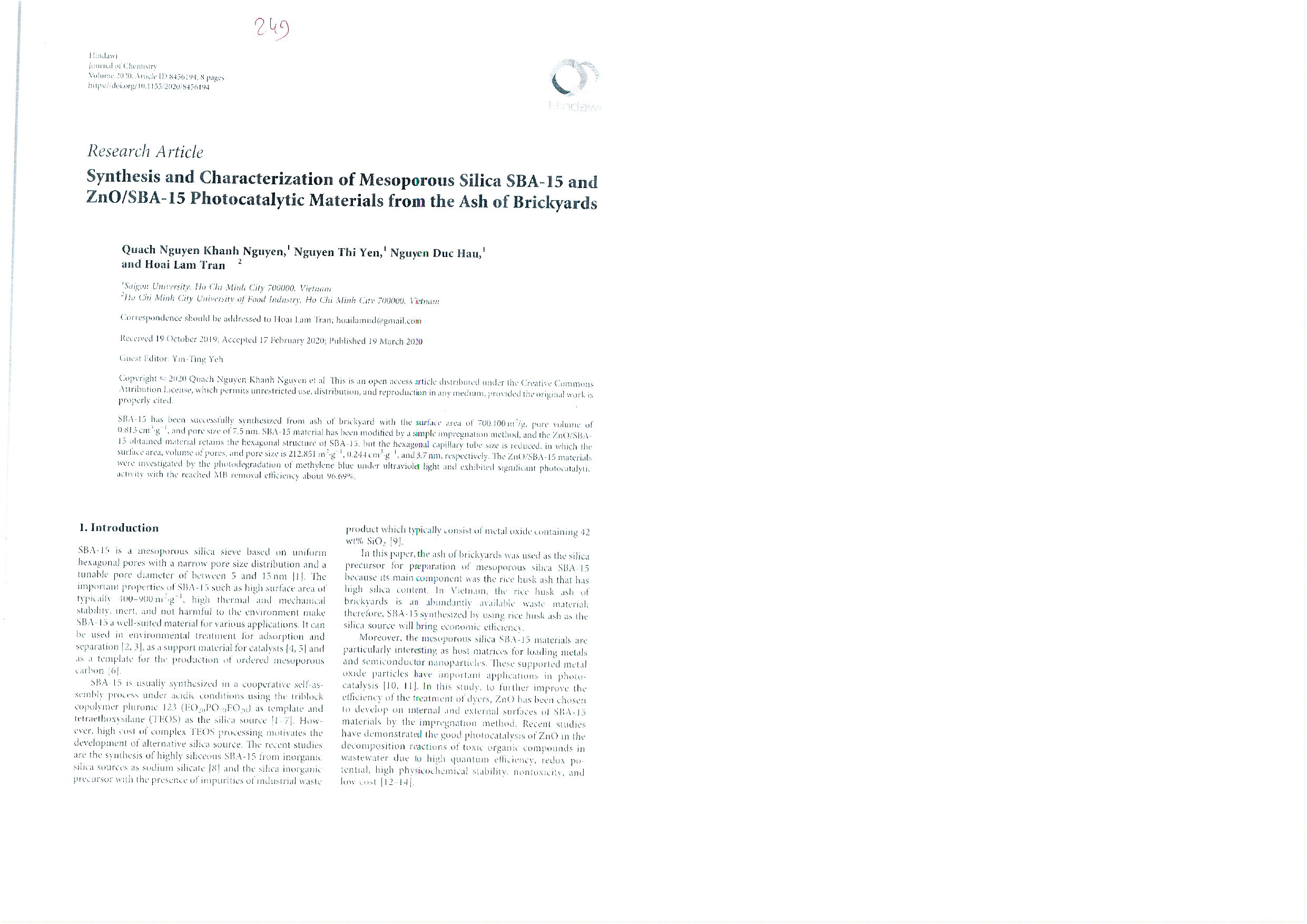 Synthesis and characterization of mesoporous silica SBA-15 and ZnO/SBA-15 photocatalytic materials from the ash of brickyards Vol. 7 