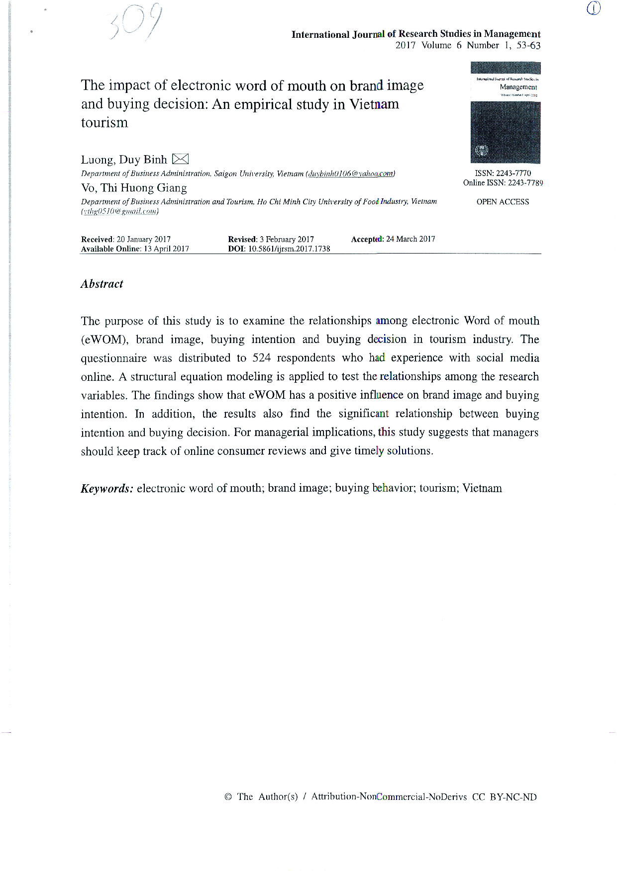 The impact of electronic word of mouth on brand image and buying decision: An empirical study in Vietnam tourism Vol. 6 