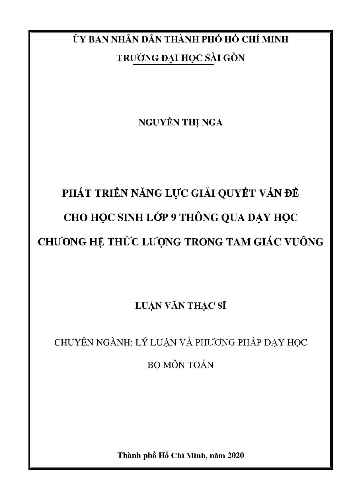 Phát triển năng lực giải quyết vấn đề cho học sinh lớp 9 thông qua dạy học chương hệ thức lượng trong tam giác vuông  