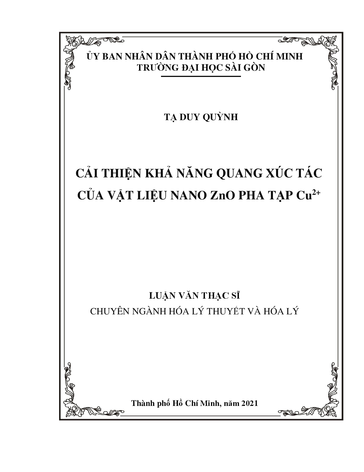 Cải thiện khả năng quang xác tác của vật liệu nano ZnO pha tạp Cu2+  