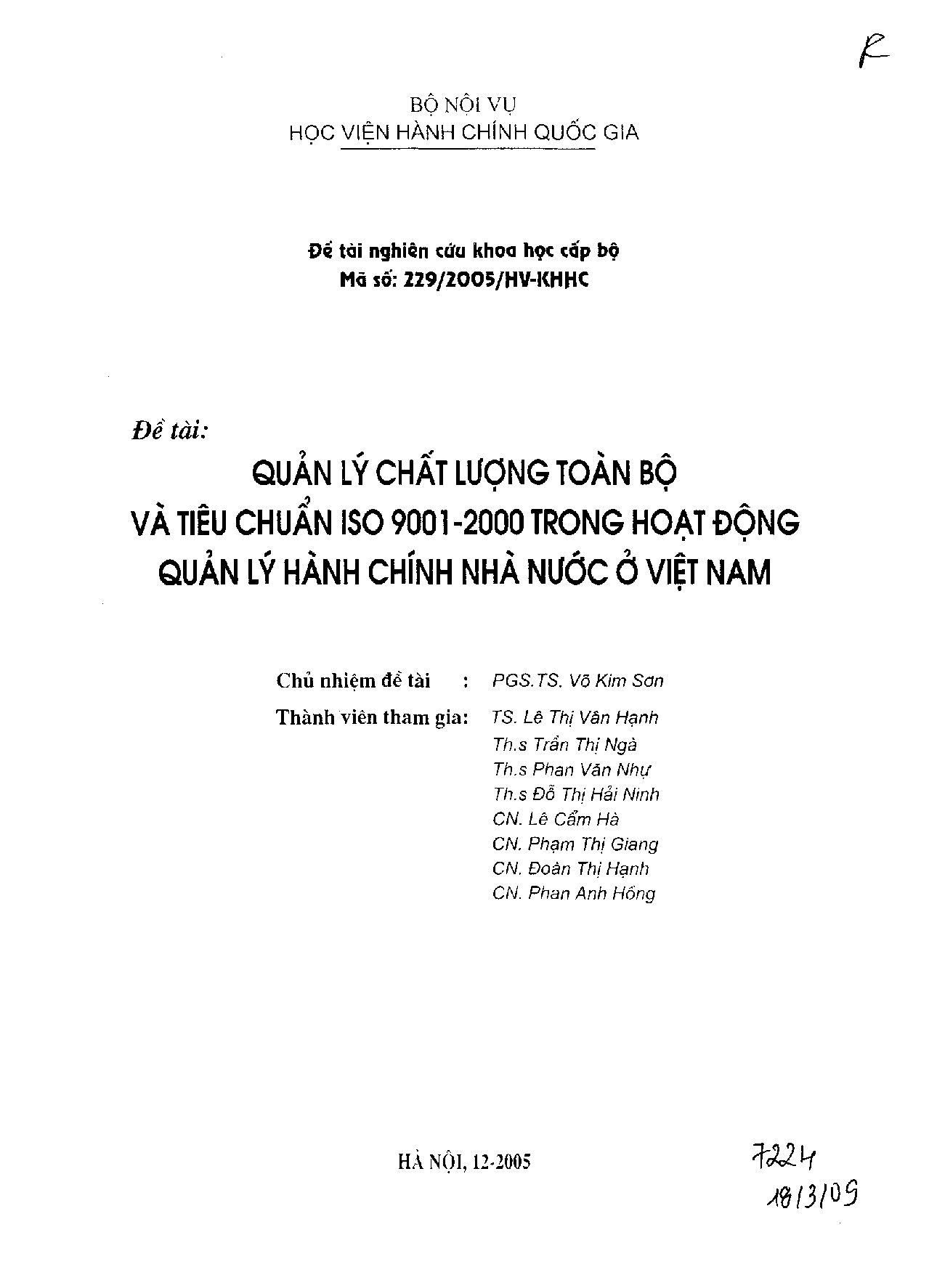 Quản lý chất lượng toàn bộ và tiêu chuẩn ISO 9001-2000 trong hoạt động quản lý hành chính nhà nước ở Việt Nam  