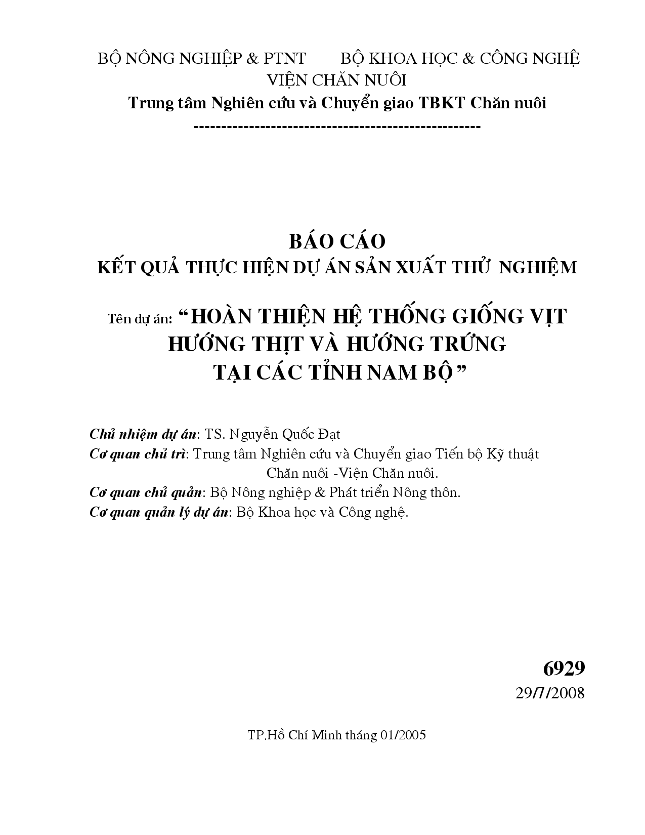 Hoàn thiện hệ thống giống vịt hướng thịt và hướng trứng tại các tỉnh Nam Bộ  