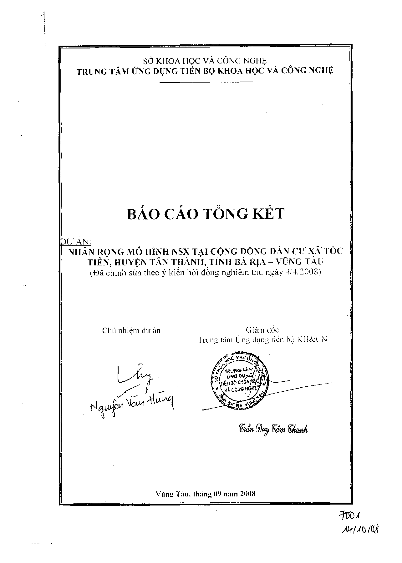 Nhân rộng mô hình năng suất xanh tại cộng đồng dân cư xã Tóc Tiên, huyện Tân Thành, tỉnh Bà Rịa - Vũng Tàu (Đã chỉnh sữa theo ý kiến hội đồng nghiệm thu ngày 4/4/2008)  